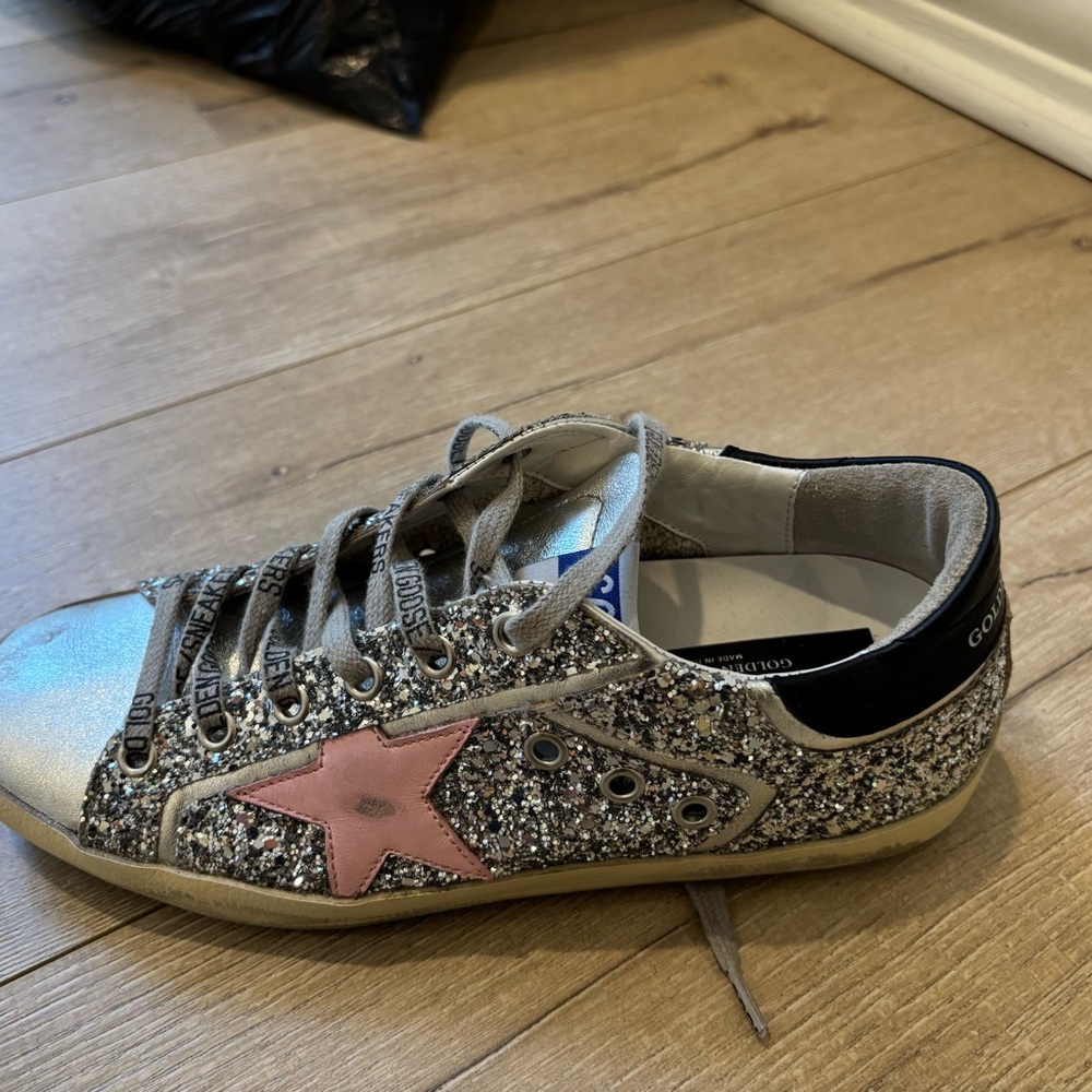 Golden Goose Silver Glitter Sneakers with Pink Star